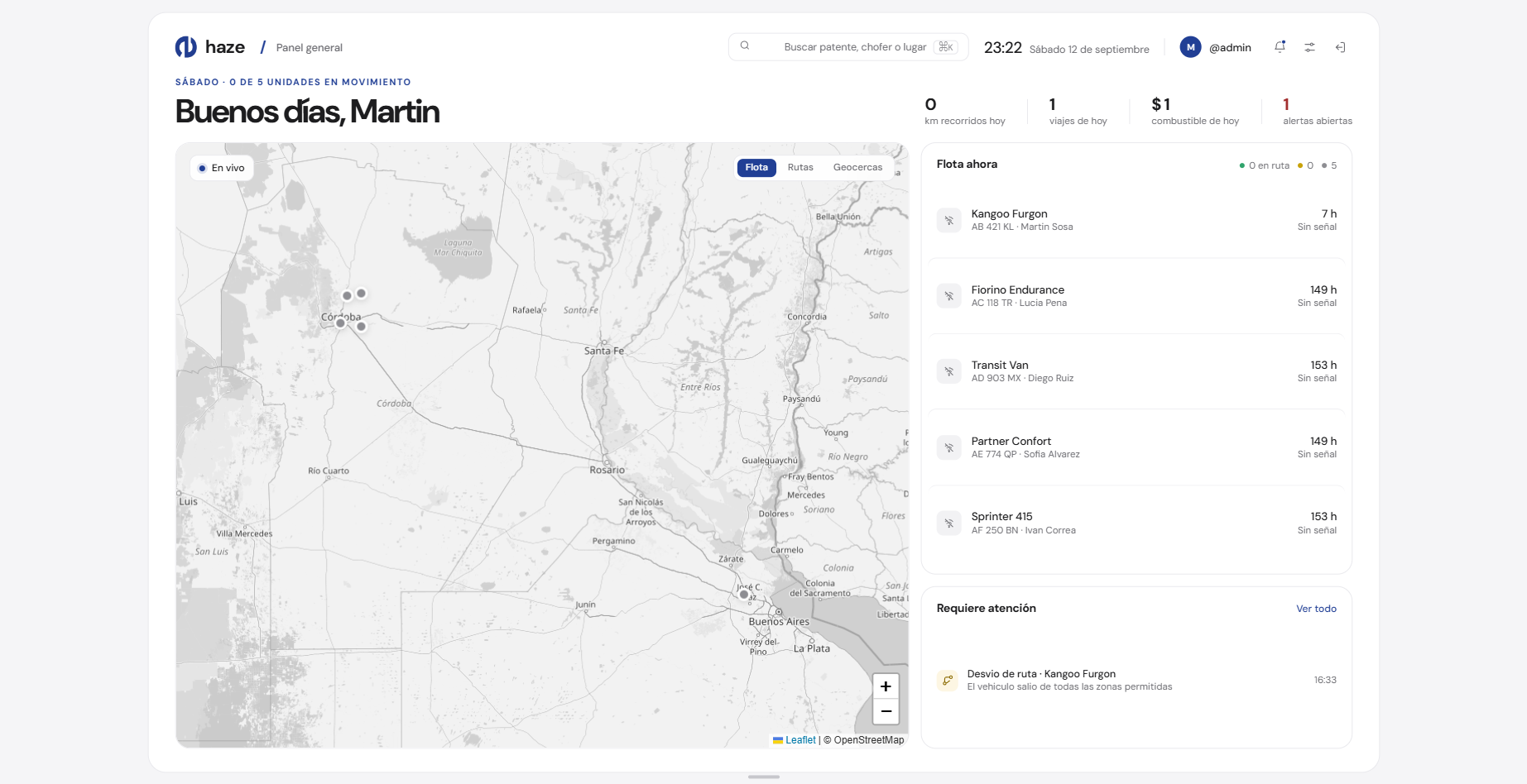 Panel general de HAZE Track: mapa en vivo con la flota, unidades en ruta y alertas que requieren atención
