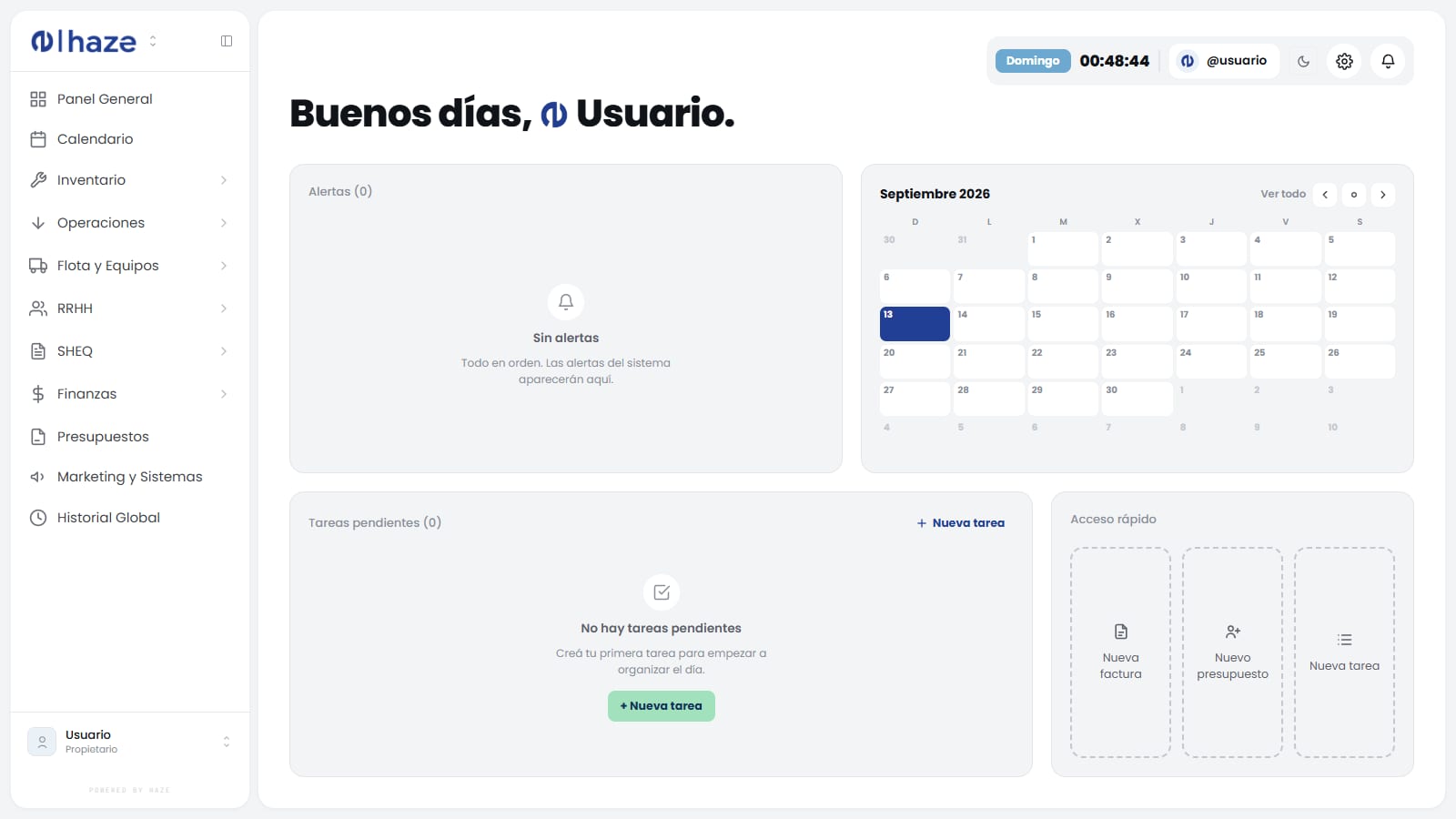 Ejemplo de Panel General de un sistema HAZE: saludo, alertas, calendario del mes, tareas pendientes y accesos rápidos